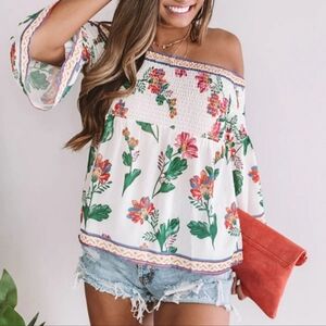 Flying Tomato Smoked Off Shoulder Bell Sleeve Boho Floral Blouse S